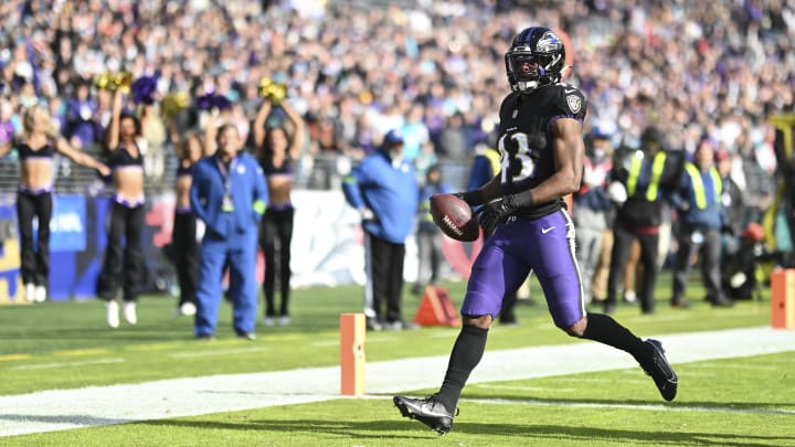 Dec 31, 2023; Baltimore, Maryland, USA;  Baltimore Ravens running back Justice Hill (43) 