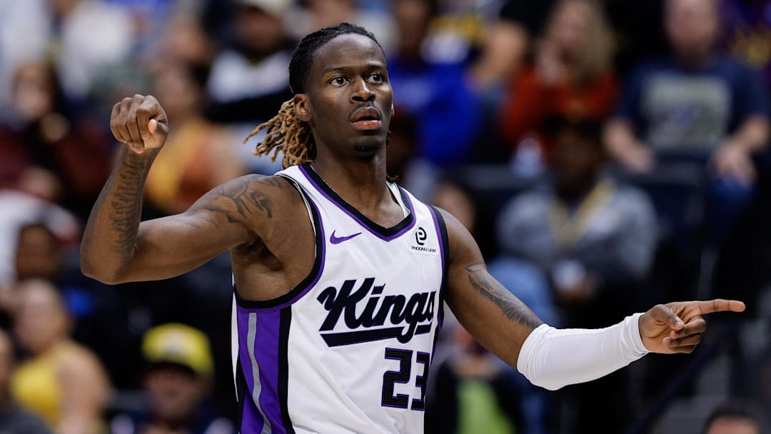 Nov 3, 2025; Denver, Colorado, USA; Sacramento Kings guard Keon Ellis (23) reacts after a basket in the third quarter against the Denver Nuggets at Ball Arena. Mandatory Credit: Isaiah J. Downing-Imagn Images