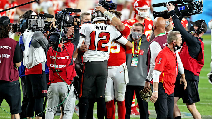 Tampa Bay Buccaneers quarterback Tom Brady greets Kansas City Chiefs quarterback Patrick Mahomes after Super Bowl LV Tampa Bay Buccaneers quarterback Tom Brady greets Kansas City Chiefs quarterback Patrick Mahomes after Super Bowl LV