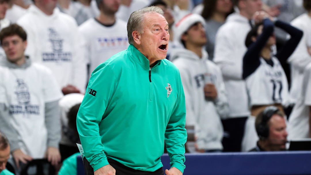 Dec 13, 2025; University Park, Pennsylvania, USA; Michigan State Spartans head coach Tom Izzo reacts from the bench during the first half against the Penn State Nittany Lions at Bryce Jordan Center. Mandatory Credit: Matthew O'Haren-Imagn Images