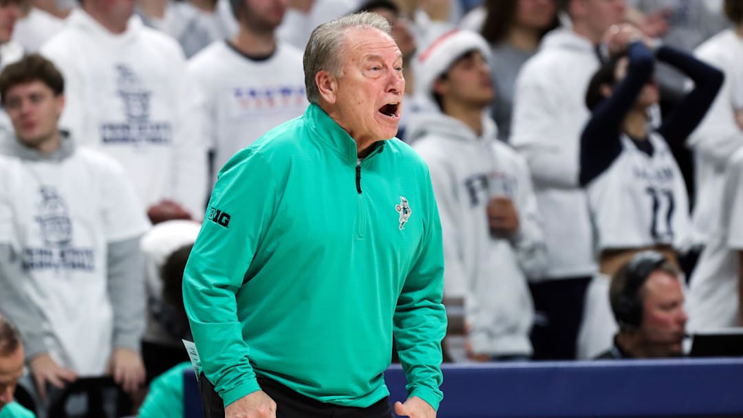 Dec 13, 2025; University Park, Pennsylvania, USA; Michigan State Spartans head coach Tom Izzo reacts from the bench during the first half against the Penn State Nittany Lions at Bryce Jordan Center. Mandatory Credit: Matthew O'Haren-Imagn Images