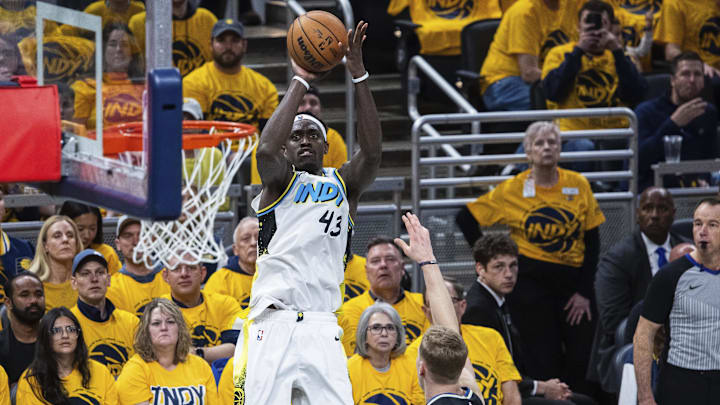 Apr 19, 2025; Indianapolis, Indiana, USA;  Indiana Pacers forward Pascal Siakam (43) shoots the ball while Milwaukee Bucks guard AJ Green (20) defends in the second half at Gainbridge Fieldhouse. Mandatory Credit: Trevor Ruszkowski-Imagn Images
