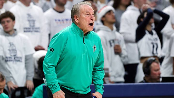 Dec 13, 2025; University Park, Pennsylvania, USA; Michigan State Spartans head coach Tom Izzo reacts from the bench during the first half against the Penn State Nittany Lions at Bryce Jordan Center. Mandatory Credit: Matthew O'Haren-Imagn Images