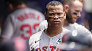 Jun 1, 2025; Cumberland, Georgia, USA; Boston Red Sox designated hitter Rafael Devers (11) shown in the dugout before the game against the Atlanta Braves at Truist Park. Mandatory Credit: Dale Zanine-Imagn Images