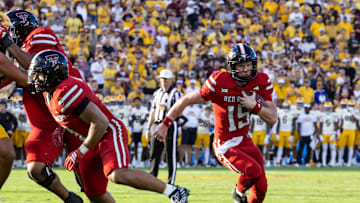 Oct 18, 2025; Tempe, Arizona, USA; Texas Tech Red Raiders quarterback Will Hammond (15) against the Arizona State Sun Devils at Mountain America Stadium. Mandatory Credit: Mark J. Rebilas-Imagn Images
