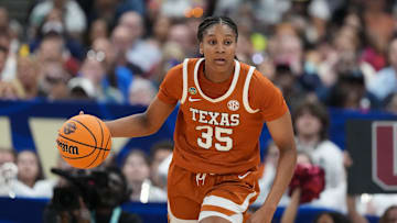 Apr 4, 2025; Tampa, FL, USA;  Texas Longhorns forward Madison Booker (35) dribbles against the South Carolina Gamecocks during the third quarter in a semifinal of the women's 2025 NCAA tournament at Amalie Arena. Mandatory Credit: Kirby Lee-Imagn Images