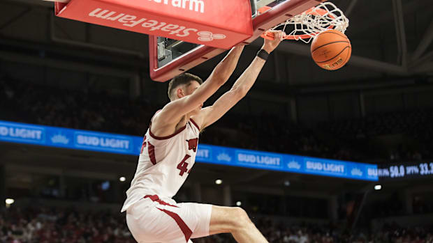 Arkansas Razorbacks forward Zvonimir Ivisic dunks the ball during the second half against the LSU Tigers.