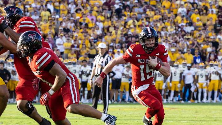 Oct 18, 2025; Tempe, Arizona, USA; Texas Tech Red Raiders quarterback Will Hammond (15) against the Arizona State Sun Devils at Mountain America Stadium. Mandatory Credit: Mark J. Rebilas-Imagn Images