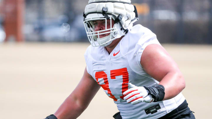 Justin Kirkland (97) runs drills during an Oklahoma State Spring football practice at Sherman E. Smith Training Center in Stillwater, Okla., Tuesday, March 21, 2023.

Osu Fb Pracrice