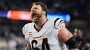 Oct 16, 2025; Cincinnati, Ohio, USA; Cincinnati Bengals center Ted Karras (64) reacts after Cincinnati defeated the Pittsburgh Steelers on a late-game field goal by placekicker Evan McPherson (2) (not pictured) during the fourth quarter at Paycor Stadium. Mandatory Credit: Katie Stratman-Imagn Images