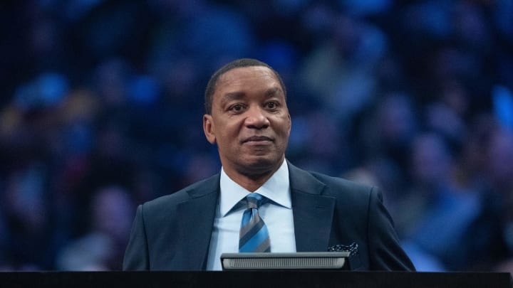 February 19, 2022; Cleveland, OH, USA; NBA great Isiah Thomas during the Slam Dunk Contest during the 2022 NBA All-Star Saturday Night at Rocket Mortgage Field House. Mandatory Credit: Kyle Terada-USA TODAY Sports