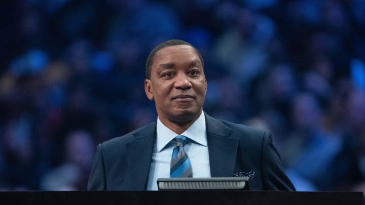 February 19, 2022; Cleveland, OH, USA; NBA great Isiah Thomas during the Slam Dunk Contest during the 2022 NBA All-Star Saturday Night at Rocket Mortgage Field House. Mandatory Credit: Kyle Terada-USA TODAY Sports