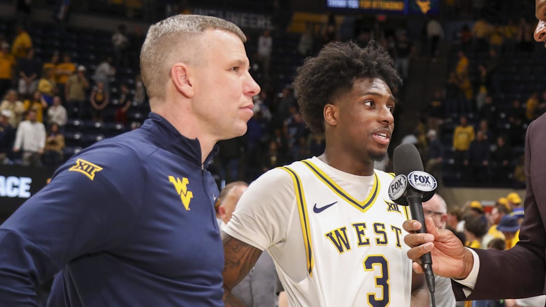 Feb 28, 2026; Morgantown, West Virginia, USA; West Virginia Mountaineers guard Honor Huff (3) is interviewed after the game after defeating the BYU Cougars at Hope Coliseum. Mandatory Credit: Ben Queen-Imagn Images