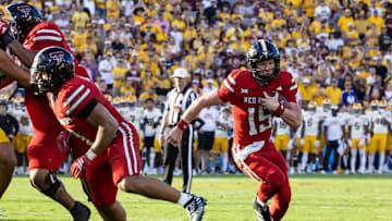 Oct 18, 2025; Tempe, Arizona, USA; Texas Tech Red Raiders quarterback Will Hammond (15) against the Arizona State Sun Devils at Mountain America Stadium. Mandatory Credit: Mark J. Rebilas-Imagn Images