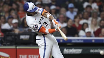 Aug 11, 2025; Houston, Texas, USA; Houston Astros shortstop Jeremy Pena (3) hits a single during the third inning against the Boston Red Sox at Daikin Park. 