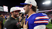 Aug 23, 2025; Tampa, Florida, USA; Buffalo Bills quarterback Josh Allen (17) greets Tampa Bay Buccaneers quarterback Baker Mayfield (6) Mandatory Credit: Nathan Ray Seebeck-Imagn Images