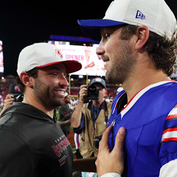 Aug 23, 2025; Tampa, Florida, USA; Buffalo Bills quarterback Josh Allen (17) greets Tampa Bay Buccaneers quarterback Baker Mayfield (6) Mandatory Credit: Nathan Ray Seebeck-Imagn Images