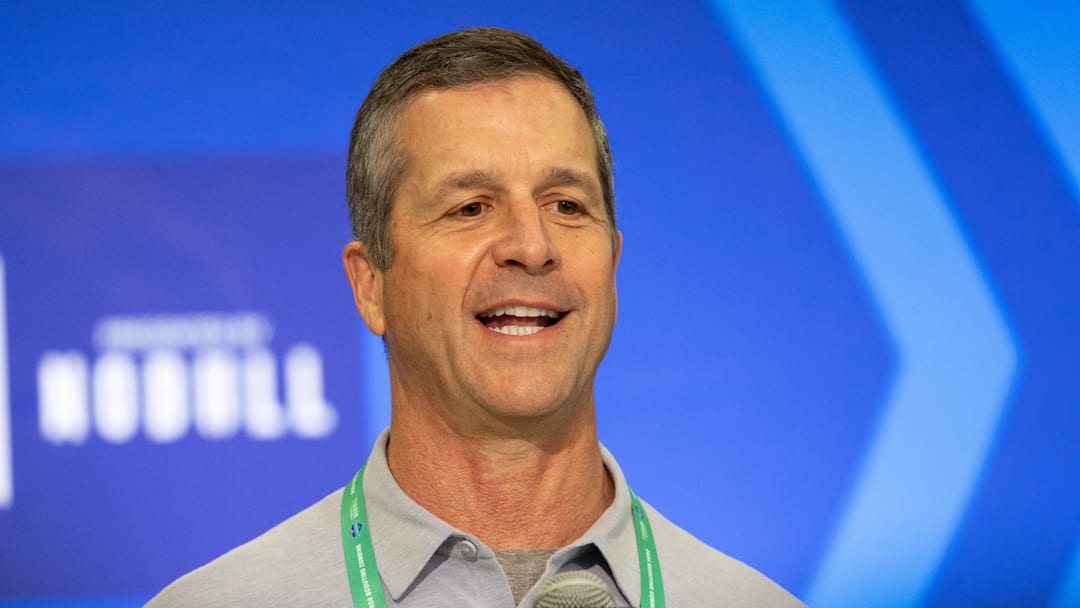 Feb 27, 2024; Indianapolis, IN, USA; Baltimore Ravens head coach John Harbaugh talks to the media at