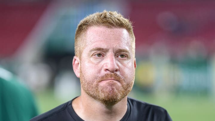 Sep 16, 2023; Tampa, Florida, USA;  South Florida Bulls head coach Alex Golesh walks off the field after losing to the Alabama Crimson Tide at Raymond James Stadium. Mandatory Credit: Nathan Ray Seebeck-Imagn Images