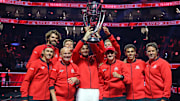 Sep 21, 2025; San Francisco, CA, USA; Team World celebrates their victory at the Laver Cup at Chase Center.