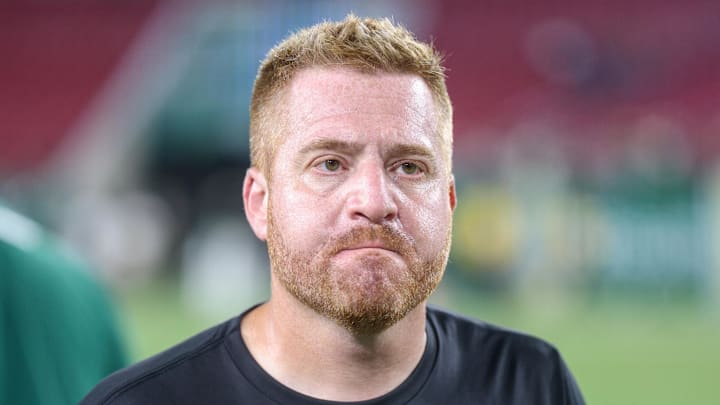 Sep 16, 2023; Tampa, Florida, USA;  South Florida Bulls head coach Alex Golesh walks off the field after losing to the Alabama Crimson Tide at Raymond James Stadium. Mandatory Credit: Nathan Ray Seebeck-Imagn Images