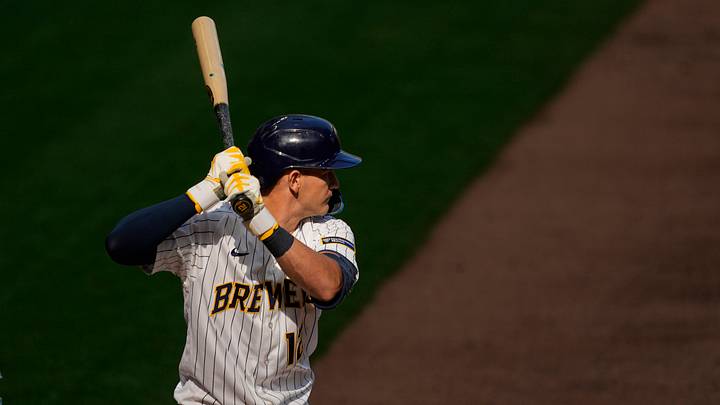 Jul 18, 2026; Milwaukee, Wisconsin, USA;  Milwaukee Brewers shortstop Cooper Pratt (12) bats during the game against the Miami Marlins at American Family Field. Mandatory Credit: Jeff Hanisch-Imagn Images
