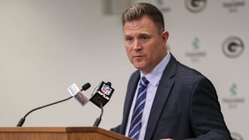 Green Bay Packers general manager Brian Gutekunst addresses the media after the first round of the 2024 NFL draft on Tuesday, April 23, 2024, at Lambeau Field in Green Bay, Wis. The Packers selected Arizona offensive tackle Jordan Morgan with the 25th pick