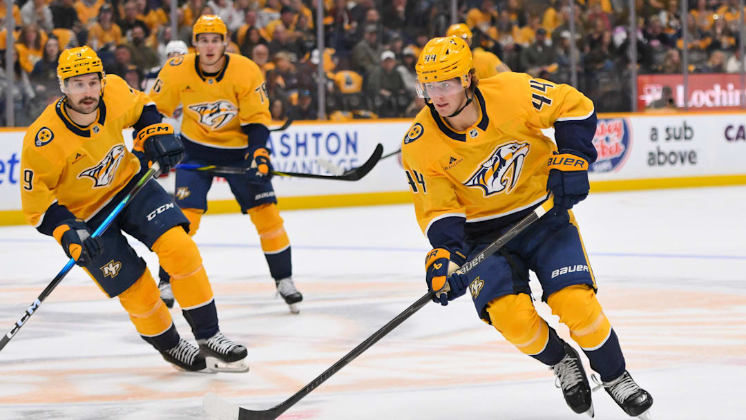 Oct 9, 2025; Nashville, Tennessee, USA; Nashville Predators center Brady Martin (44) skates with the puck against the Columbus Blue Jackets during the second period at Bridgestone Arena. Mandatory Credit: Steve Roberts-Imagn Images