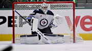May 11, 2025; Dallas, Texas, USA; Winnipeg Jets goaltender Connor Hellebuyck (37) in action during the game between the Dallas Stars and the Winnipeg Jets in game three of the second round of the 2025 Stanley Cup Playoffs at American Airlines Center. Mandatory Credit: Jerome Miron-Imagn Images