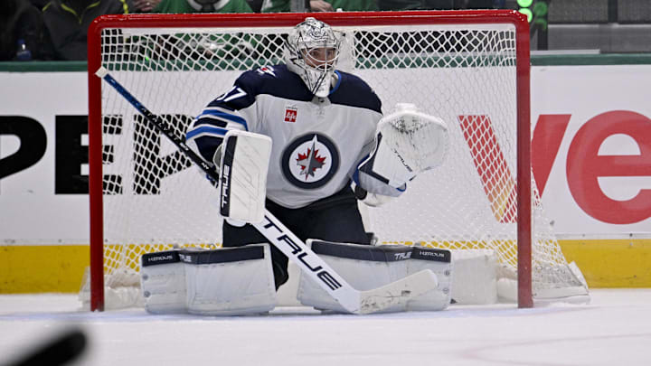 May 11, 2025; Dallas, Texas, USA; Winnipeg Jets goaltender Connor Hellebuyck (37) in action during the game between the Dallas Stars and the Winnipeg Jets in game three of the second round of the 2025 Stanley Cup Playoffs at American Airlines Center. Mandatory Credit: Jerome Miron-Imagn Images