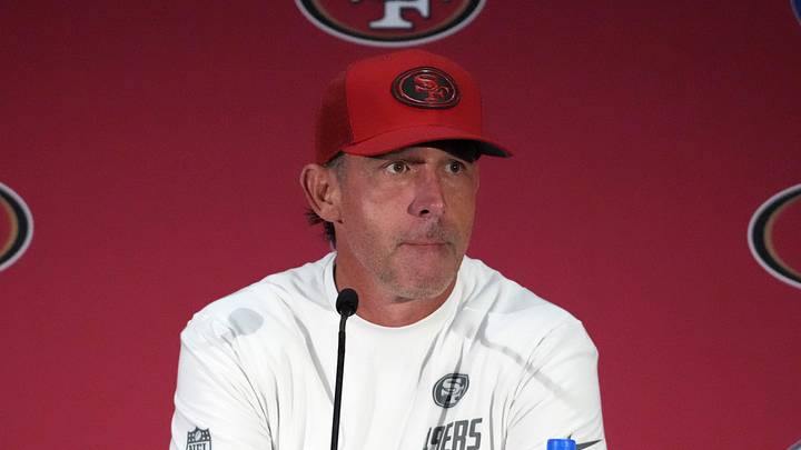 Melbourne, Victoria, Australia; San Francisco 49ers head coach Kyle Shanahan at press conference after the 2026 NFL Melbourne Game against the Los Angeles Rams at Melbourne Cricket Ground. Mandatory Credit: Kirby Lee-Imagn Images