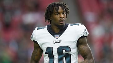 Oct 9, 2022; Glendale, Arizona, USA; Philadelphia Eagles wide receiver Quez Watkins (16) against the Arizona Cardinals at State Farm Stadium. Mandatory Credit: Mark J. Rebilas-Imagn Images