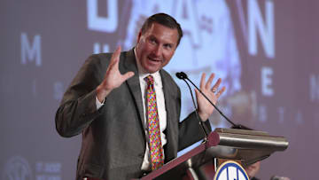 Jul 11, 2017; Hoover, AL, USA; Mississippi State head coach Dan Mullen speaks to the media at the Hyatt Regency Birmingham-The Winfrey Hotel. Mandatory Credit: Jason Getz-Imagn Images