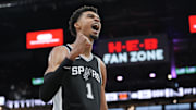 Nov 23, 2024; San Antonio, Texas, USA; San Antonio Spurs center Victor Wembanyama (1) celebrates in the second half against the Golden State Warriors at Frost Bank Center.