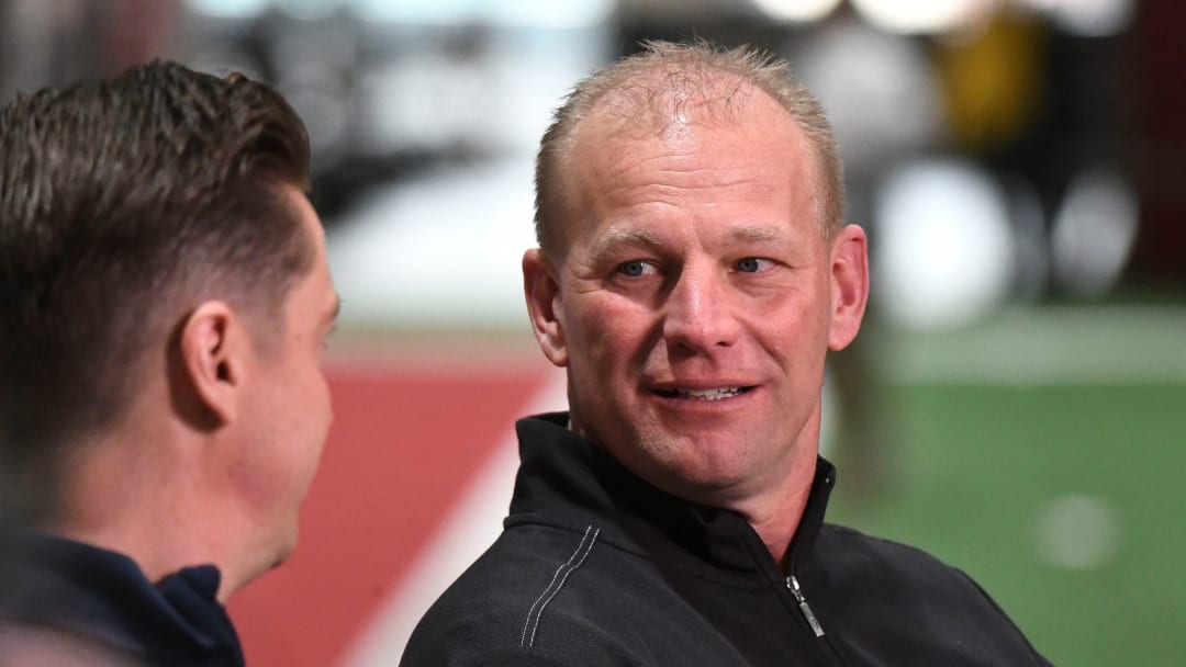 Mar 20, 2024; Tuscaloosa, Alabama, USA; New Alabama head coach Kalen DeBoer conducts and interview at the Hank Crisp Indoor Practice Facility during the University of Alabama’s Pro Day.