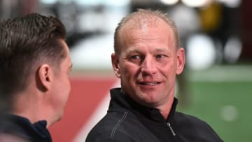 Mar 20, 2024; Tuscaloosa, Alabama, USA; New Alabama head coach Kalen DeBoer conducts and interview at the Hank Crisp Indoor Practice Facility during the University of Alabama’s Pro Day.