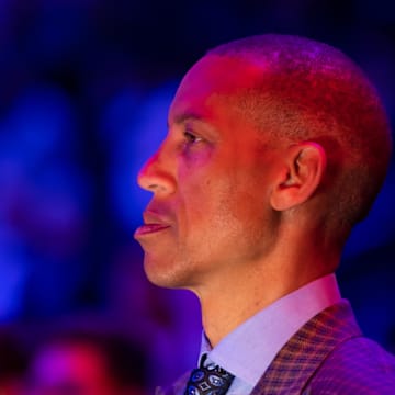 Apr 6, 2023; Phoenix, Arizona, USA; TNT announcer Reggie Miller prior to the Phoenix Suns game against the Denver Nuggets at Footprint Center. Mandatory Credit: Mark J. Rebilas-Imagn Images