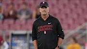 Sep 13, 2025; Stanford, California, USA; Stanford Cardinal head coach Frank Reich stands on the field before the game against the Boston College Eagles at Stanford Stadium. Mandatory Credit: Darren Yamashita-Imagn Images