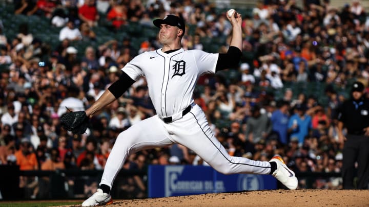 Jul 27, 2024; Detroit, Michigan, USA; Detroit Tigers pitcher Tarik Skubal (29) throws during the second inning against the Minnesota Twins at Comerica Park. Mandatory Credit: Brian Bradshaw Sevald-USA TODAY Sports