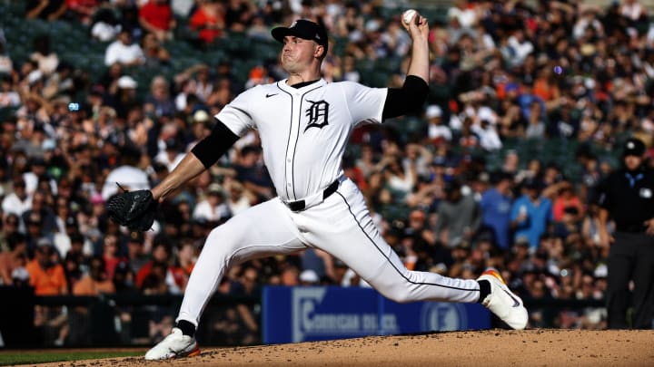 Jul 27, 2024; Detroit, Michigan, USA; Detroit Tigers pitcher Tarik Skubal throws a pitch.