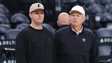 Oct 27, 2025; Salt Lake City, Utah, USA; Utah Jazz head coach Will Hardy (left) and CEO of basketball operations Danny Ainge (right) speak before the game against the Phoenix Suns at Delta Center. Mandatory Credit: Rob Gray-Imagn Images