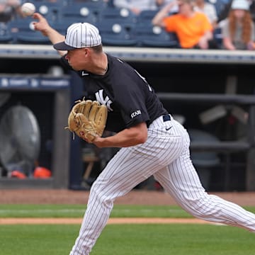 Mar 10, 2025; Tampa, Florida, USA; New York Yankees pitcher Will Warren (98) throws a pitch against the Detroit Tigers during the first inning at George M. Steinbrenner Field. 
