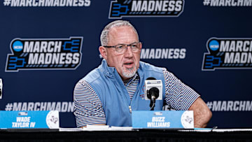 Mar 19, 2025; Denver, CO, USA; Texas A&M Aggies head coach Buzz Williams during a press conference at Ball Arena. Mandatory Credit: Isaiah J. Downing-Imagn Images