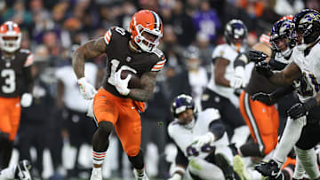 Nov 16, 2025; Cleveland, Ohio, USA; Cleveland Browns running back Quinshon Judkins (10) runs for a gain during the first quarter against the Baltimore Ravens at Huntington Bank Field. 