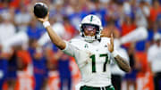 Sep 6, 2025; Gainesville, Florida, USA; South Florida Bulls quarterback Byrum Brown (17) throws the ball against the Florida Gators in the second half at Ben Hill Griffin Stadium. Mandatory Credit: Matt Pendleton-Imagn Images