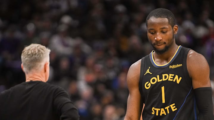 Nov 5, 2025; Sacramento, California, USA; Golden State Warriors forward Jonathan Kuminga (1) walks off the court after being removed from the game during the fourth quarter of the game against the Sacramento Kings at Golden 1 Center. Mandatory Credit: Ed Szczepanski-Imagn Images