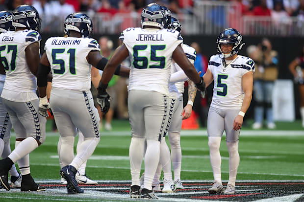 Seattle Seahawks place kicker Jason Myers (5) reacts after a field goal.