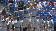 May 21 2024; Hoover, AL, USA; South Carolina hitter Ethan Petry celebrates his solo homer in the third inning agains Alabama at the Hoover Met on the opening day of the SEC Tournament. The Gamecocks hit three homers in the inning including a grand slam.