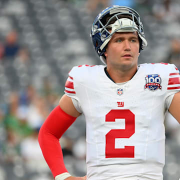 Aug 24, 2024; East Rutherford, New Jersey, USA; New York Giants quarterback Drew Lock (2) looks on prior to the game against the New York Jets at MetLife Stadium.  