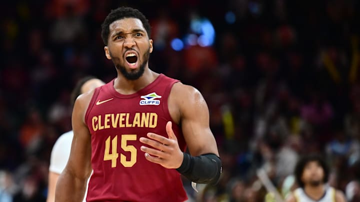 Apr 5, 2026; Cleveland, Ohio, USA; Cleveland Cavaliers guard Donovan Mitchell (45) reacts after a play during the second half against the Indiana Pacers at Rocket Arena. Mandatory Credit: Ken Blaze-Imagn Images